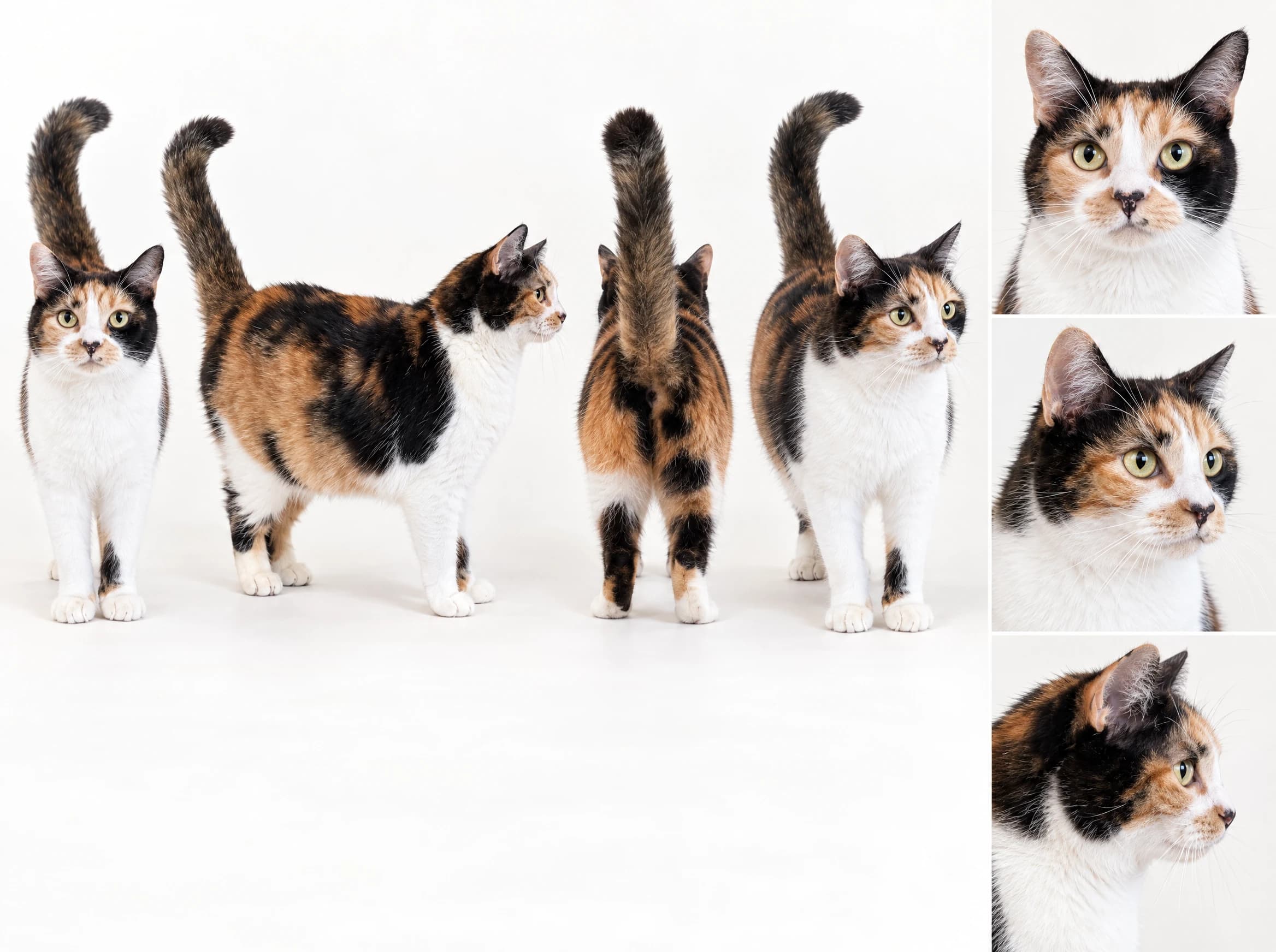 Healthy calico character sheet — @image2 in the video generation.