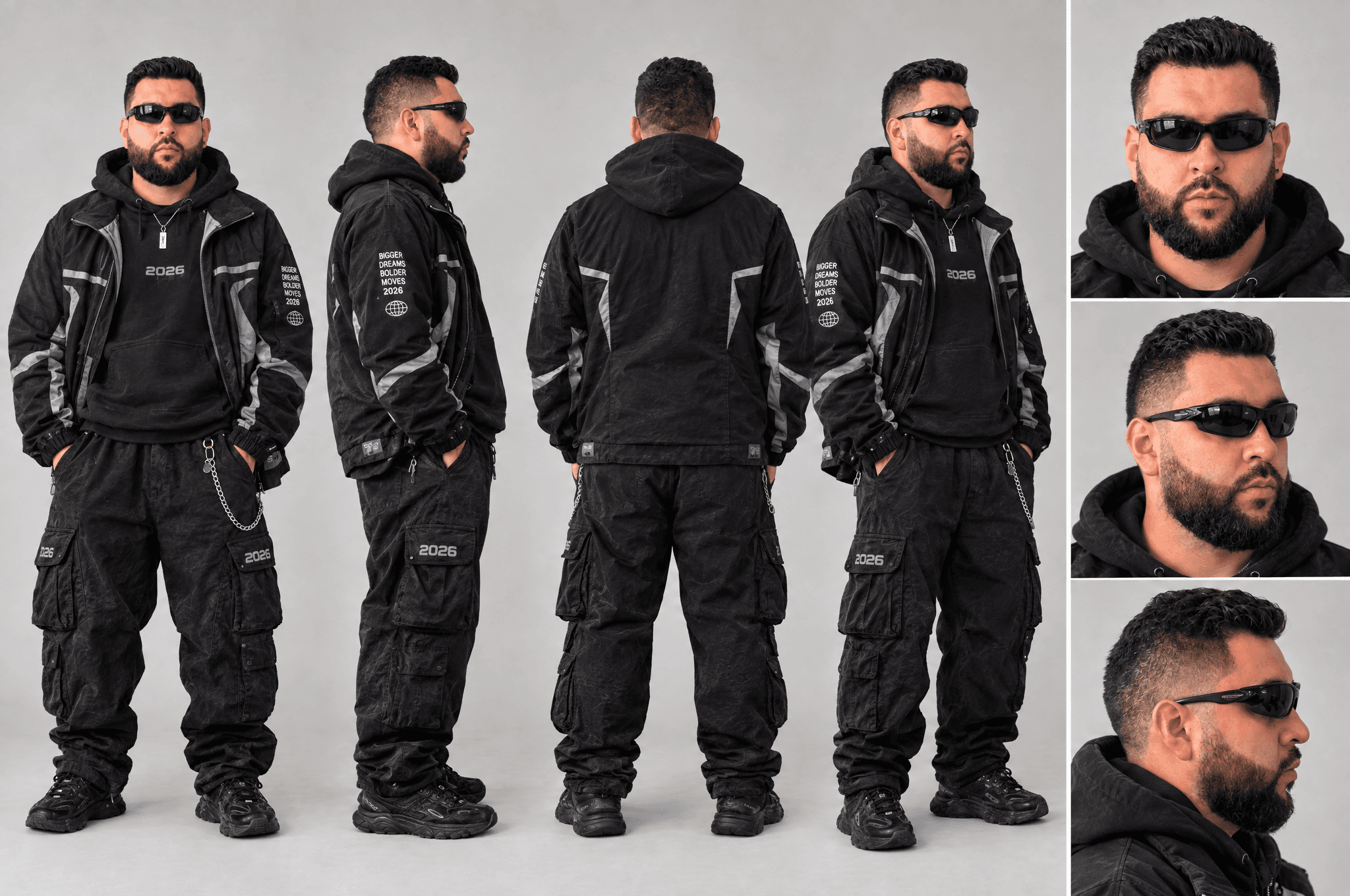 Character reference sheet of a man in black streetwear and sunglasses, with front, side, back, and three-quarter full-body views beside three stacked portraits.