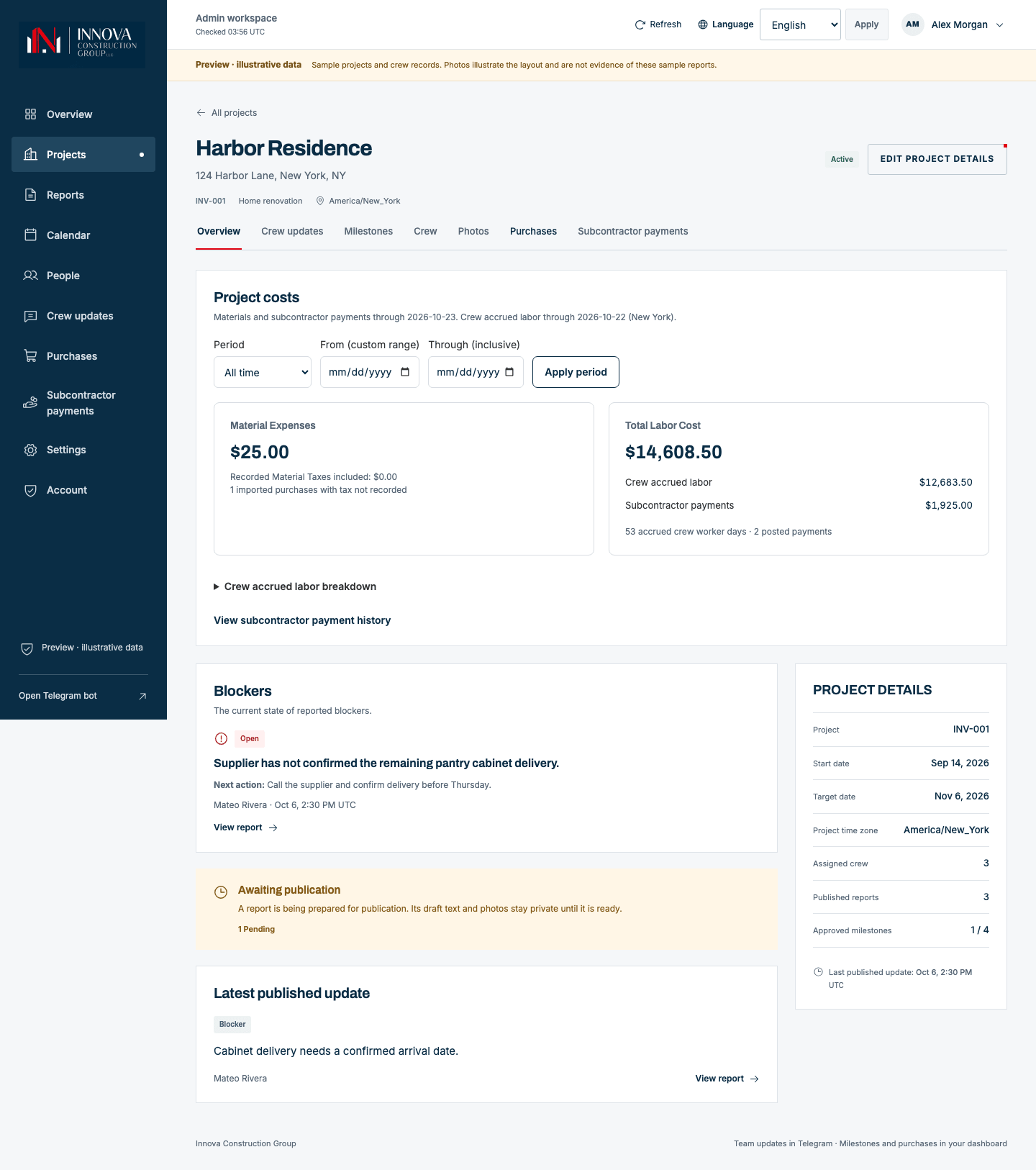 Innova's construction management dashboard, shown with synthetic project, cost and evidence records.